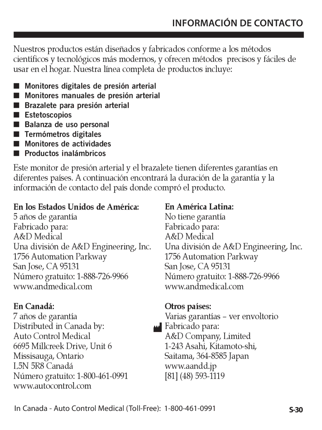 A&D UA-1020CN instruction manual Información DE Contacto, En los Estados Unidos de América 