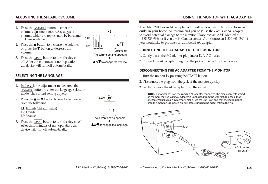 A&D UA-1030TCN instruction manual Selecting the Language, Connecting the AC Adapter to the Monitor 