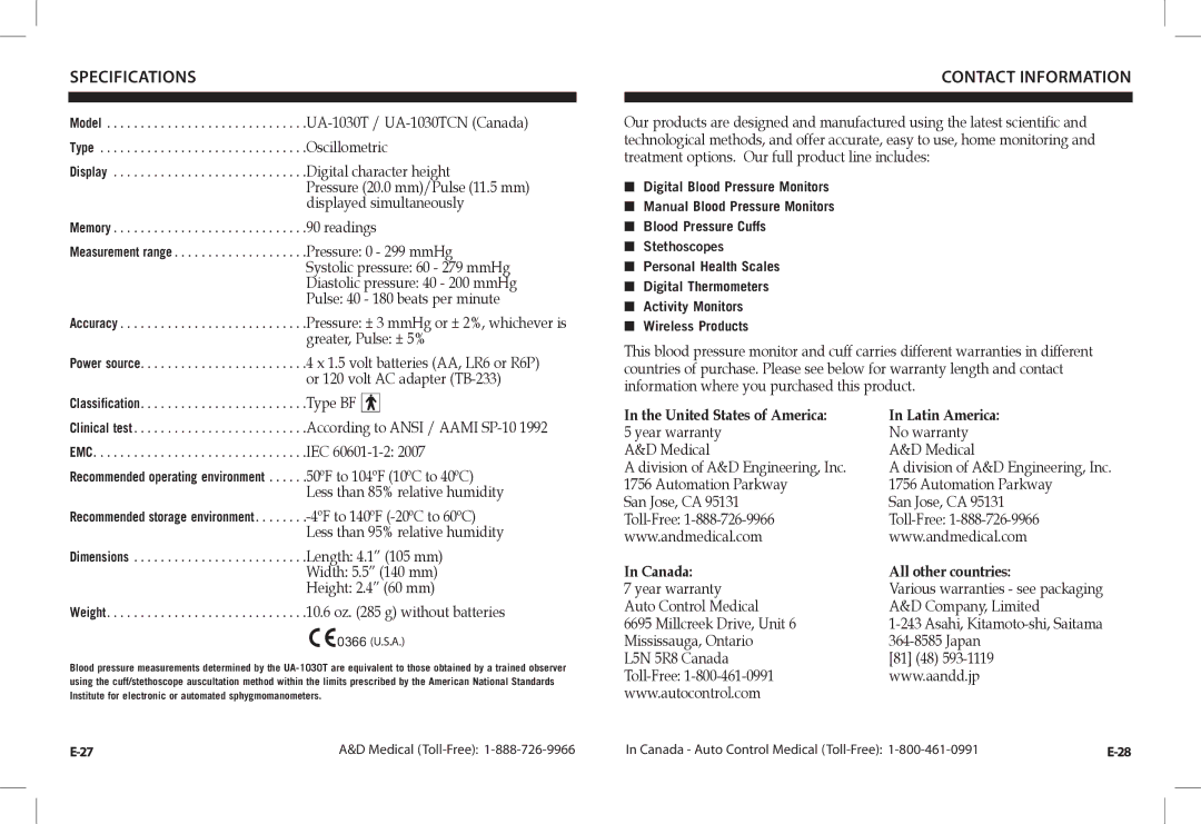 A&D UA-1030TCN instruction manual Specifications, Contact Information 