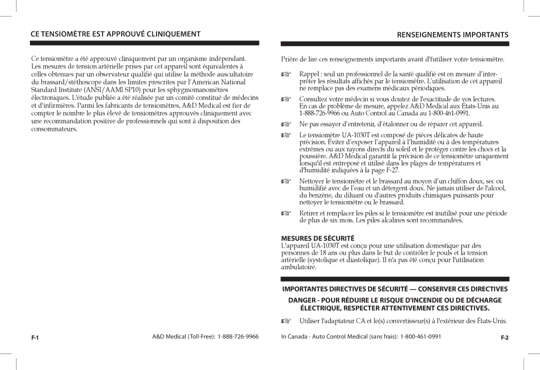 A&D UA-1030TCN CE Tensiomètre EST Approuvé Cliniquement, Renseignements Importants, Mesures DE Sécurité 