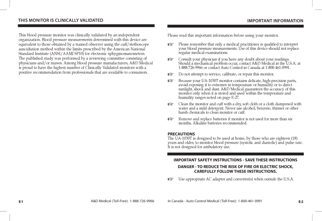 A&D UA-1030TCN instruction manual This Monitor is Clinically Validated, Important Information, Precautions 