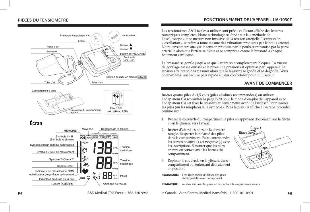 A&D UA-1030TCN instruction manual Pièces DU Tensiomètre, Fonctionnement DE Lappareil UA-1030T, Avant DE Commencer 