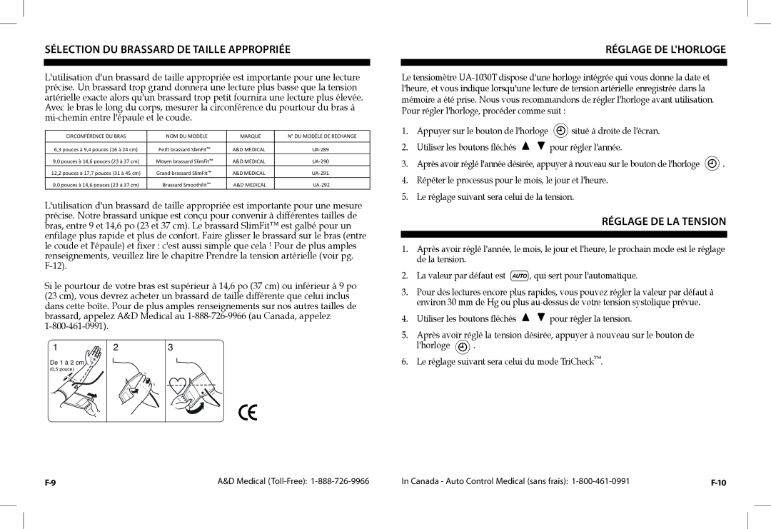 A&D UA-1030TCN instruction manual Sélection DU Brassard DE Taille Appropriée, Réglage DE Lhorloge, Réglage DE LA Tension 