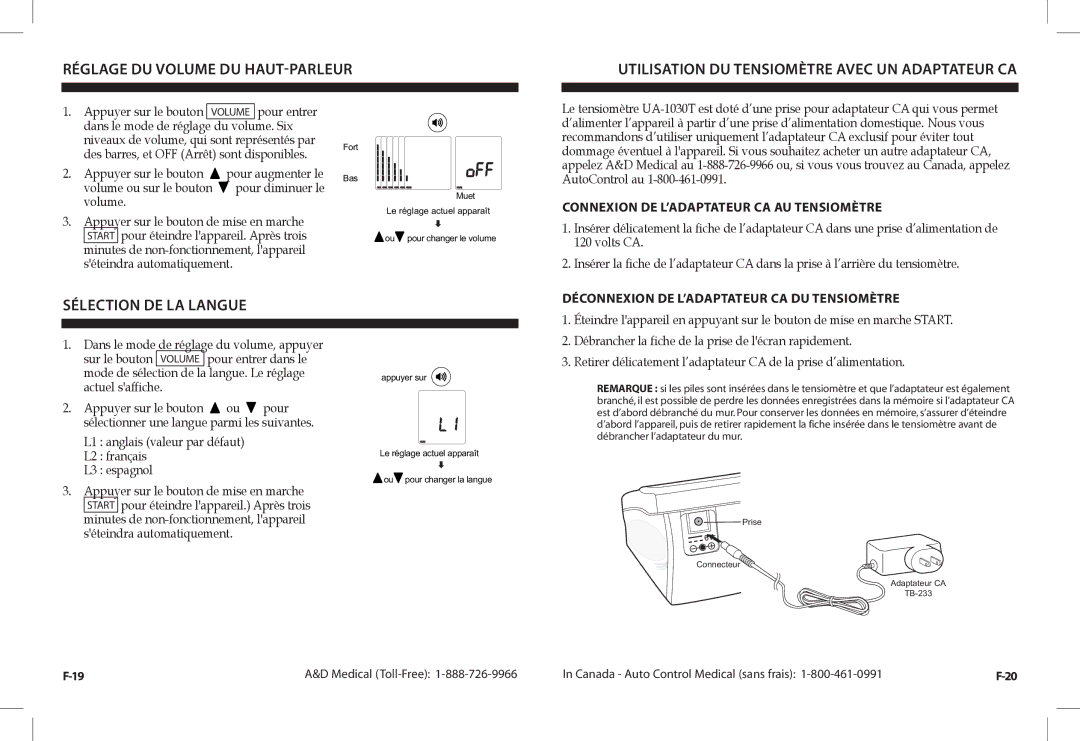 A&D UA-1030TCN instruction manual Sélection DE LA Langue, Connexion DE L’ADAPTATEUR CA AU Tensiomètre 