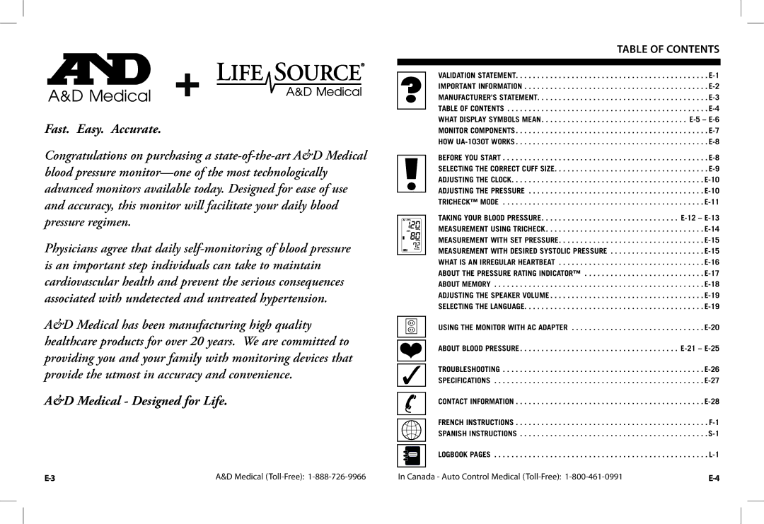 A&D UA-1030TCN instruction manual Medical Designed for Life, Table of Contents 