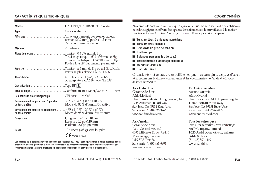 A&D UA-1030TCN instruction manual Caractéristiques Techniques, Coordonnées 