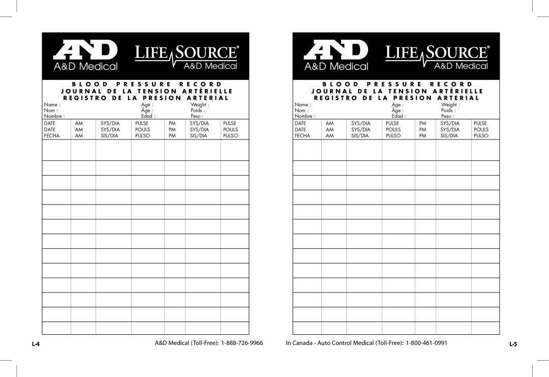 A&D UA-1030TCN instruction manual Medical Toll-Free Canada Auto Control Medical Toll-Free 