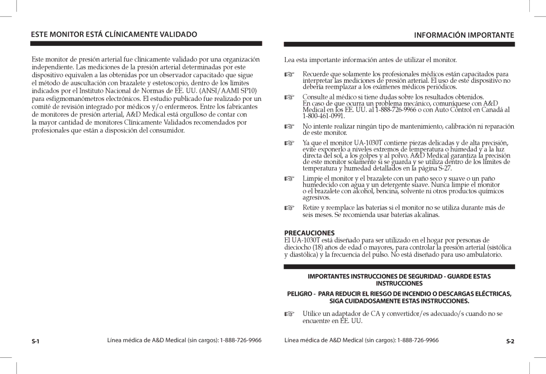 A&D UA-1030TCN instruction manual Este Monitor Está Clínicamente Validado, Información Importante, Precauciones 