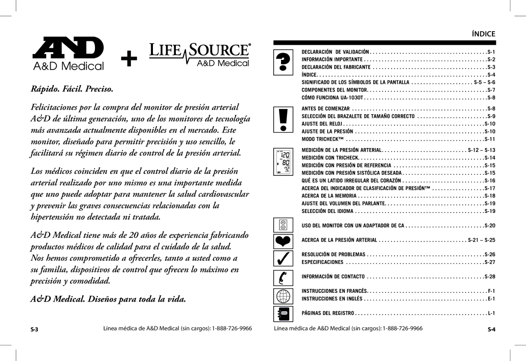 A&D UA-1030TCN instruction manual Rápido. Fácil. Preciso, Índice 