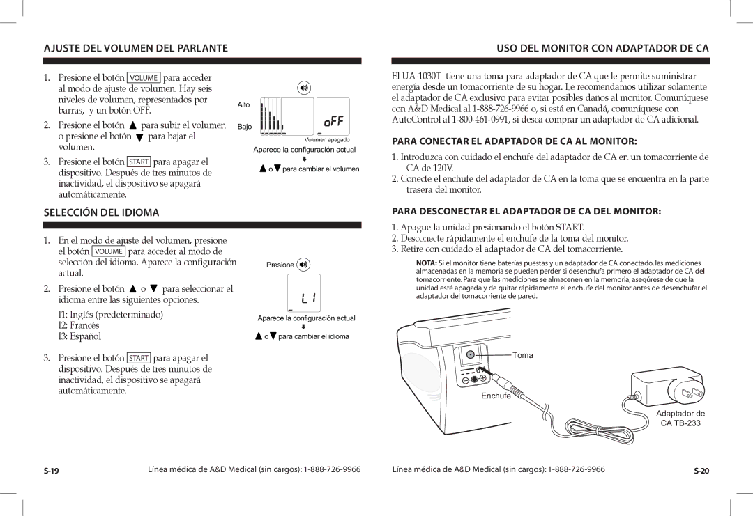 A&D UA-1030TCN instruction manual Selección DEL Idioma, Para Conectar EL Adaptador DE CA AL Monitor 