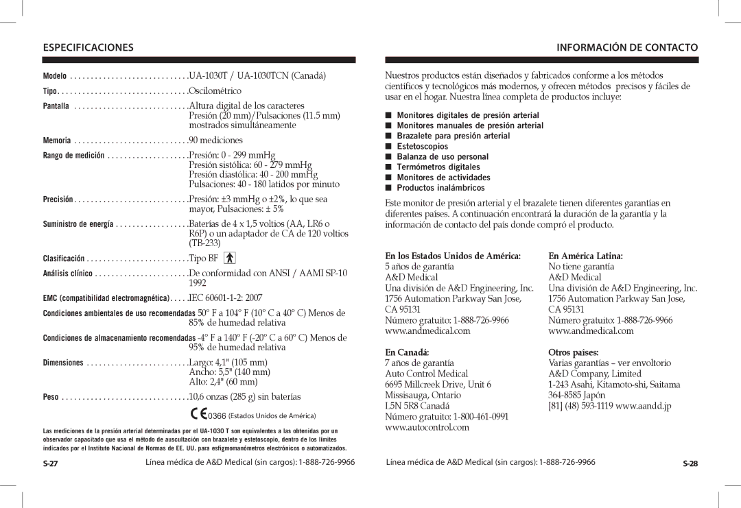 A&D UA-1030TCN instruction manual Especificaciones, Información DE Contacto 