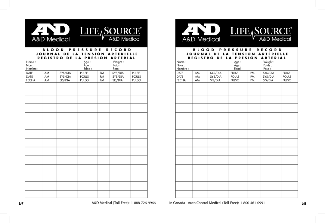 A&D UA-1030TCN instruction manual Medical Toll-Free Canada Auto Control Medical Toll-Free 