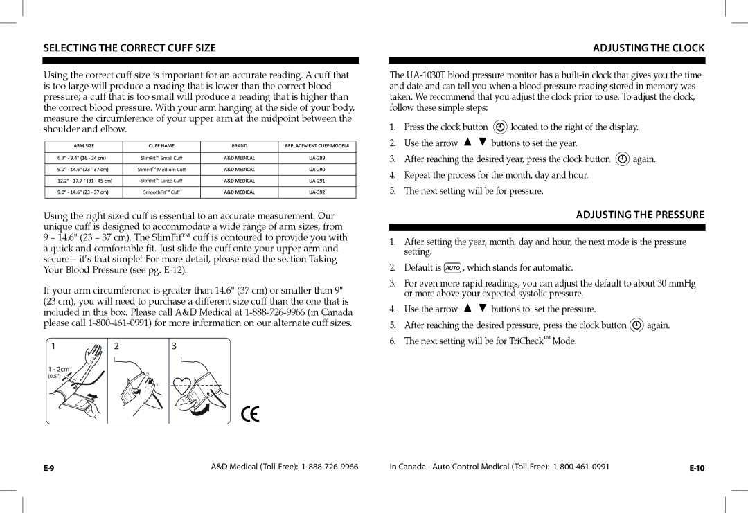 A&D UA-1030TCN instruction manual Selecting the Correct Cuff Size, Adjusting the Clock, Adjusting the Pressure 