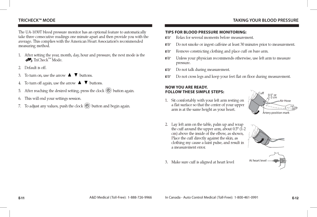 A&D UA-1030TCN instruction manual Tricheck Mode, Taking Your Blood Pressure, Tips for Blood Pressure Monitoring 