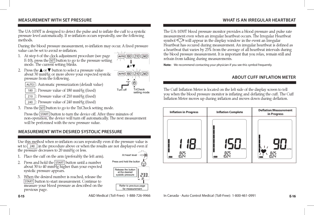 A&D UA-1030TCN instruction manual Measurement with SET Pressure, What is AN Irregular Heartbeat, About Cuff Inflation Meter 