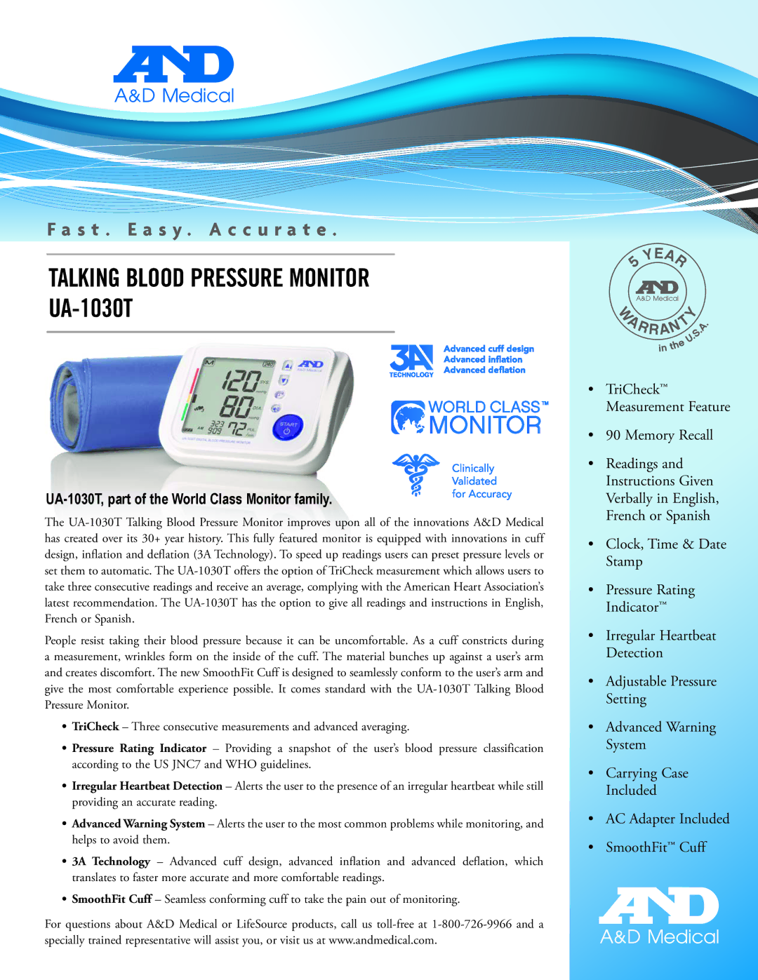 A&D manual Talking Blood Pressure Monitor, UA-1030T, part of the World Class Monitor family 