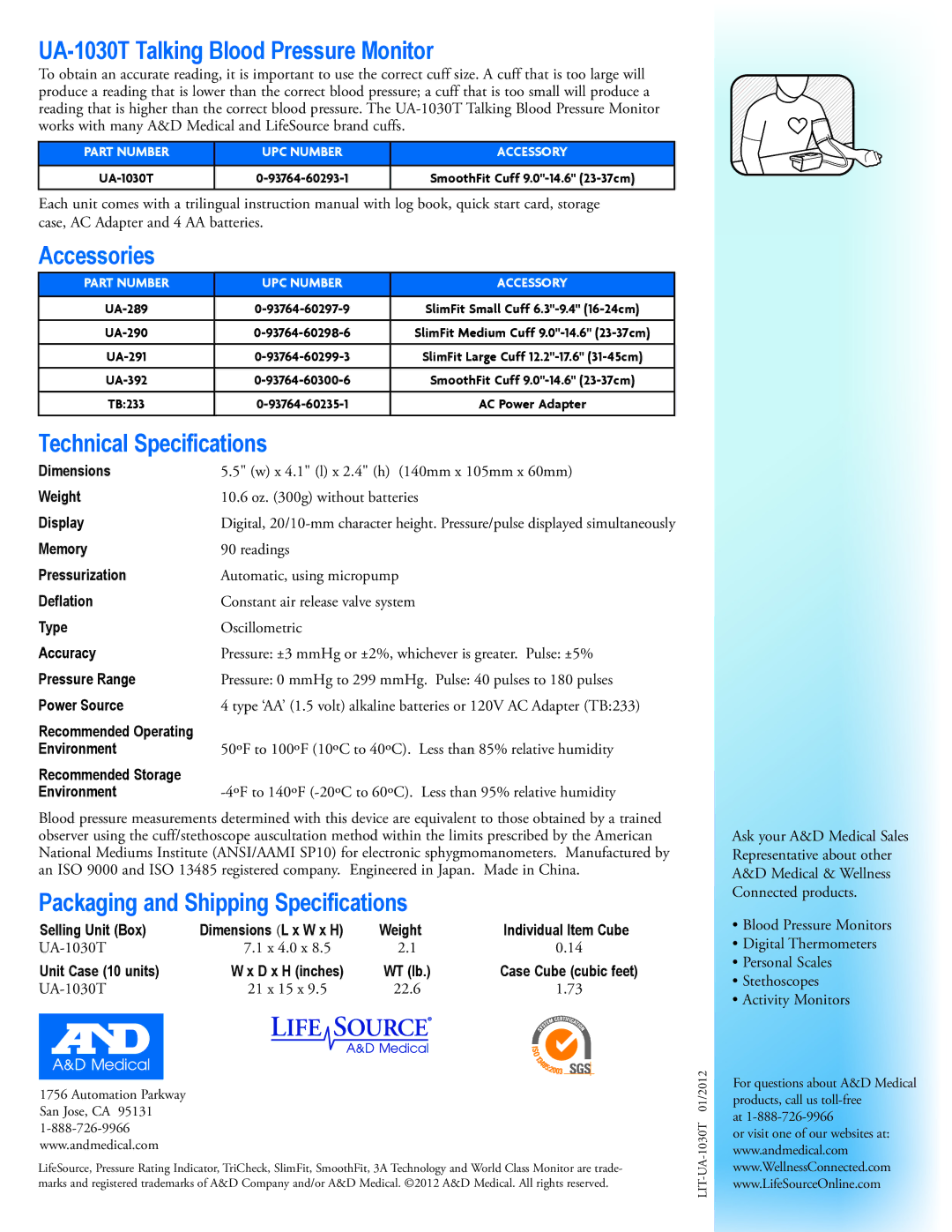 A&D manual UA-1030T Talking Blood Pressure Monitor, Accessories, Technical Specifications 