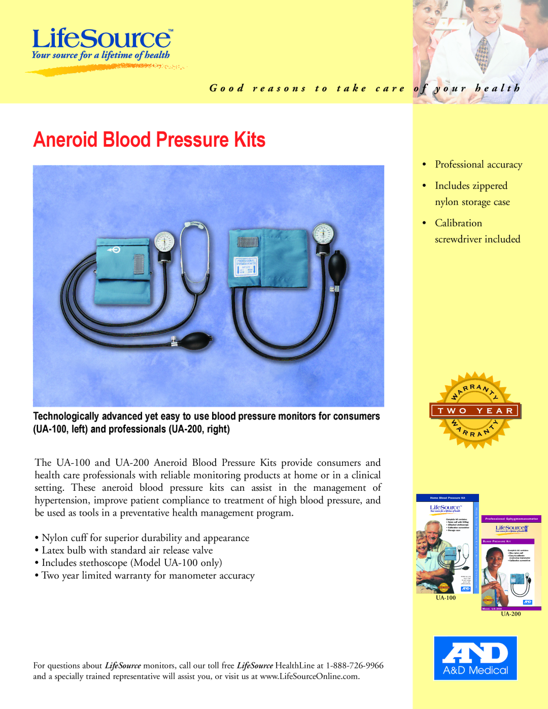 A&D UA-100, UA-200 warranty Aneroid Blood Pressure Kits 