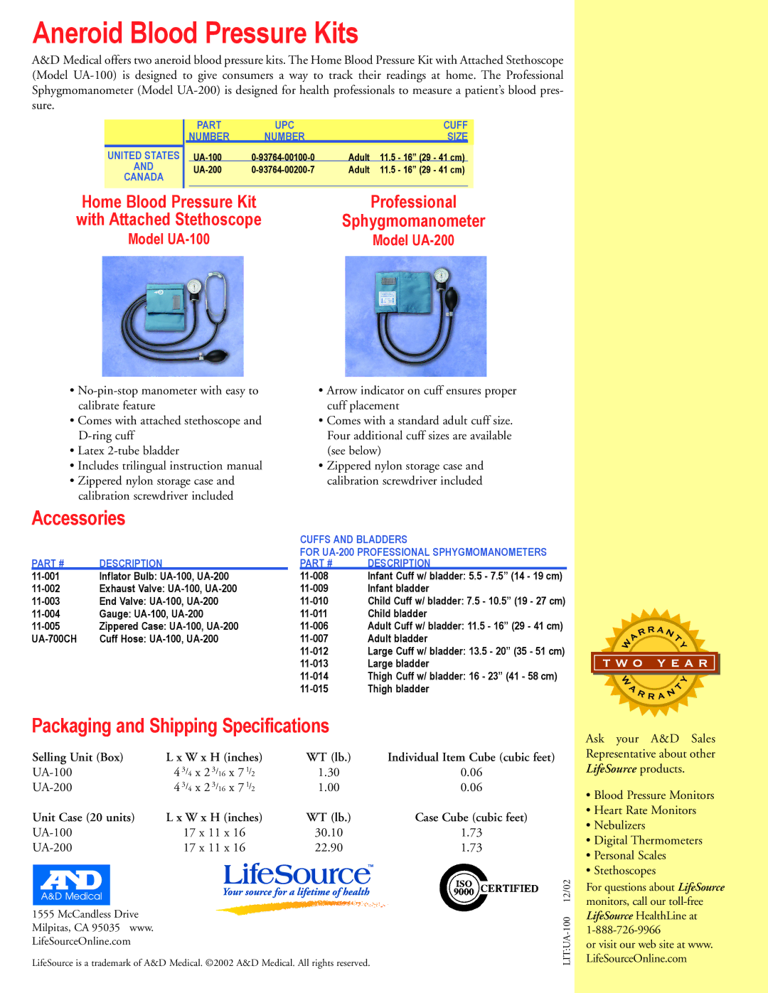 A&D warranty Accessories, Packaging and Shipping Specifications, Model UA-100 Model UA-200 