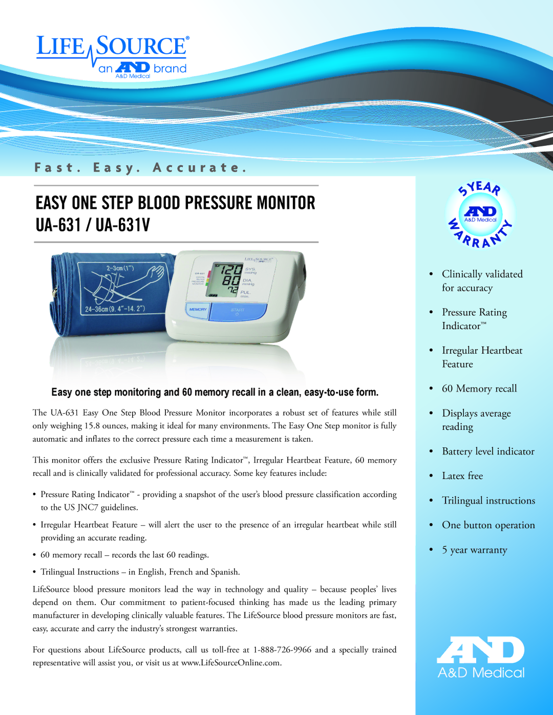 A&D warranty Easy ONE Step Blood Pressure Monitor UA-631 / UA-631V 