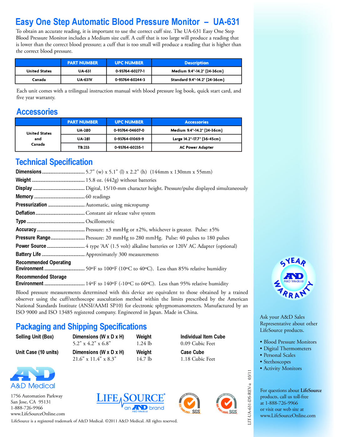 A&D UA-631V warranty Accessories, Technical Specification, Packaging and Shipping Specifications 