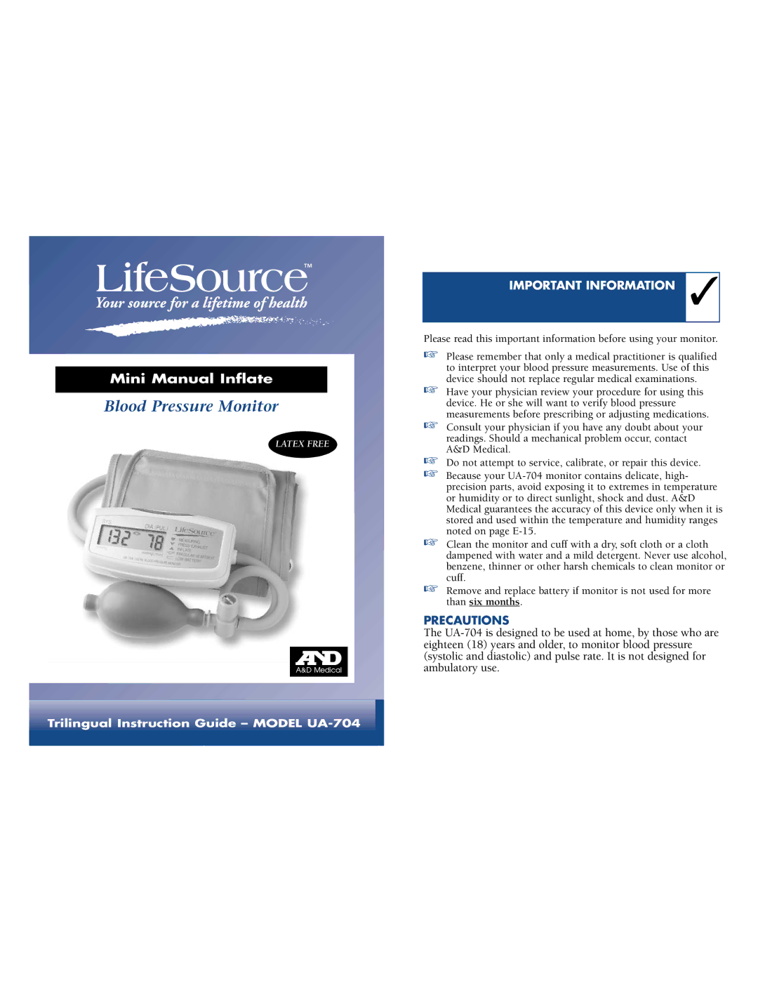 A&D UA-704 manual Blood Pressure Monitor, Important Information 