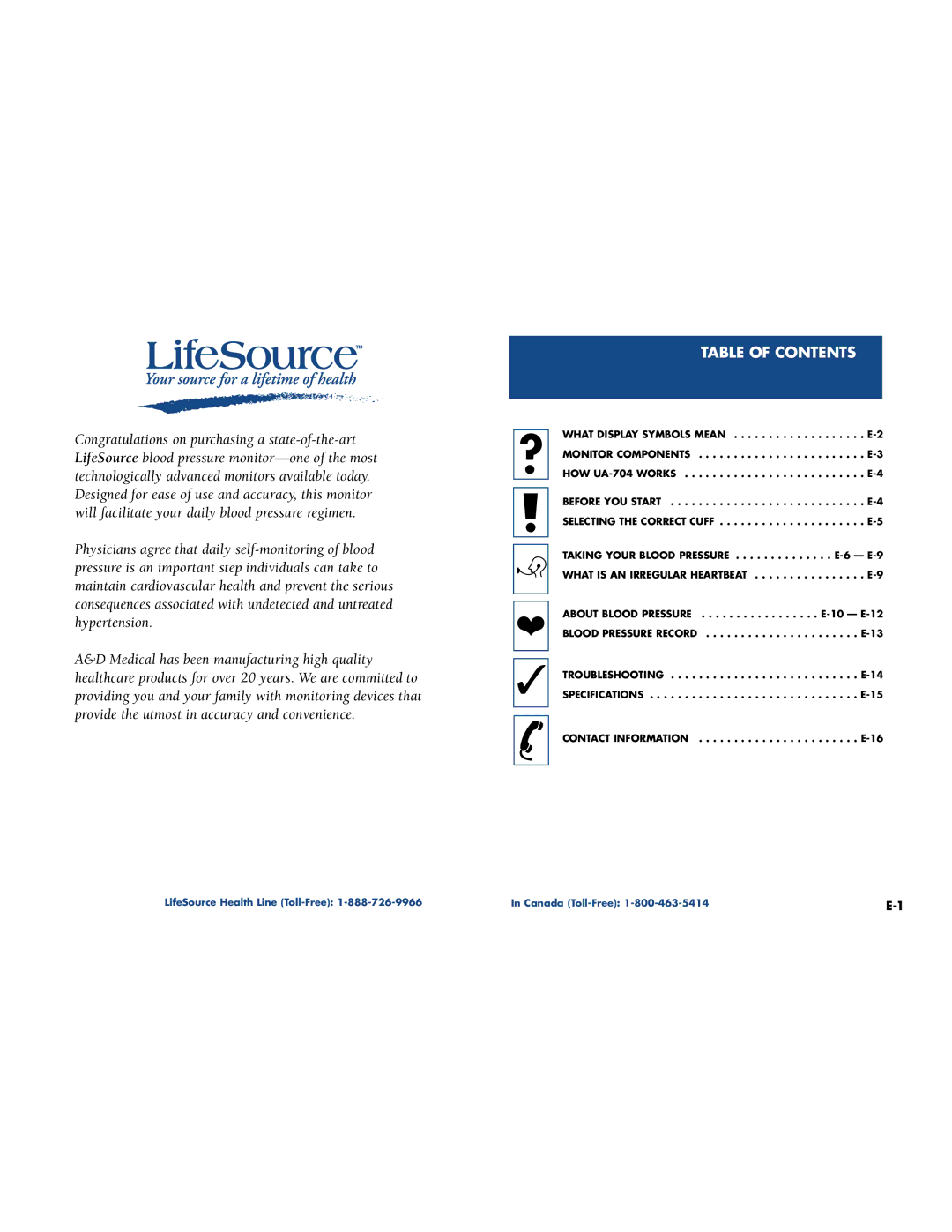 A&D UA-704 manual Table of Contents 