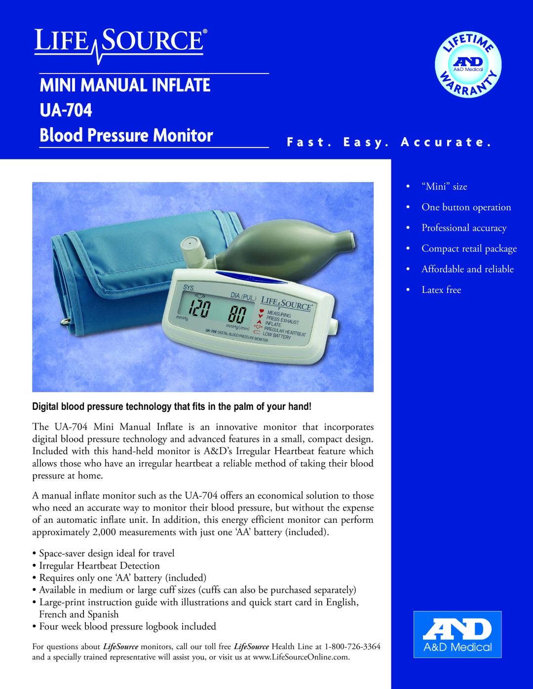 A&D quick start Mini Manual Inflate UA-704 