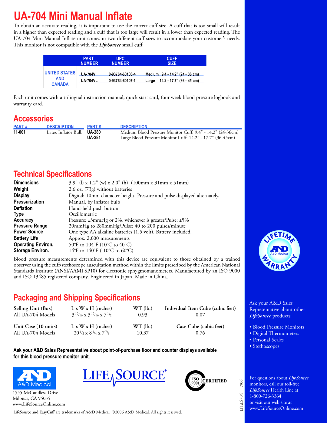 A&D UA-704 quick start Accessories, Technical Specifications, Packaging and Shipping Specifications 