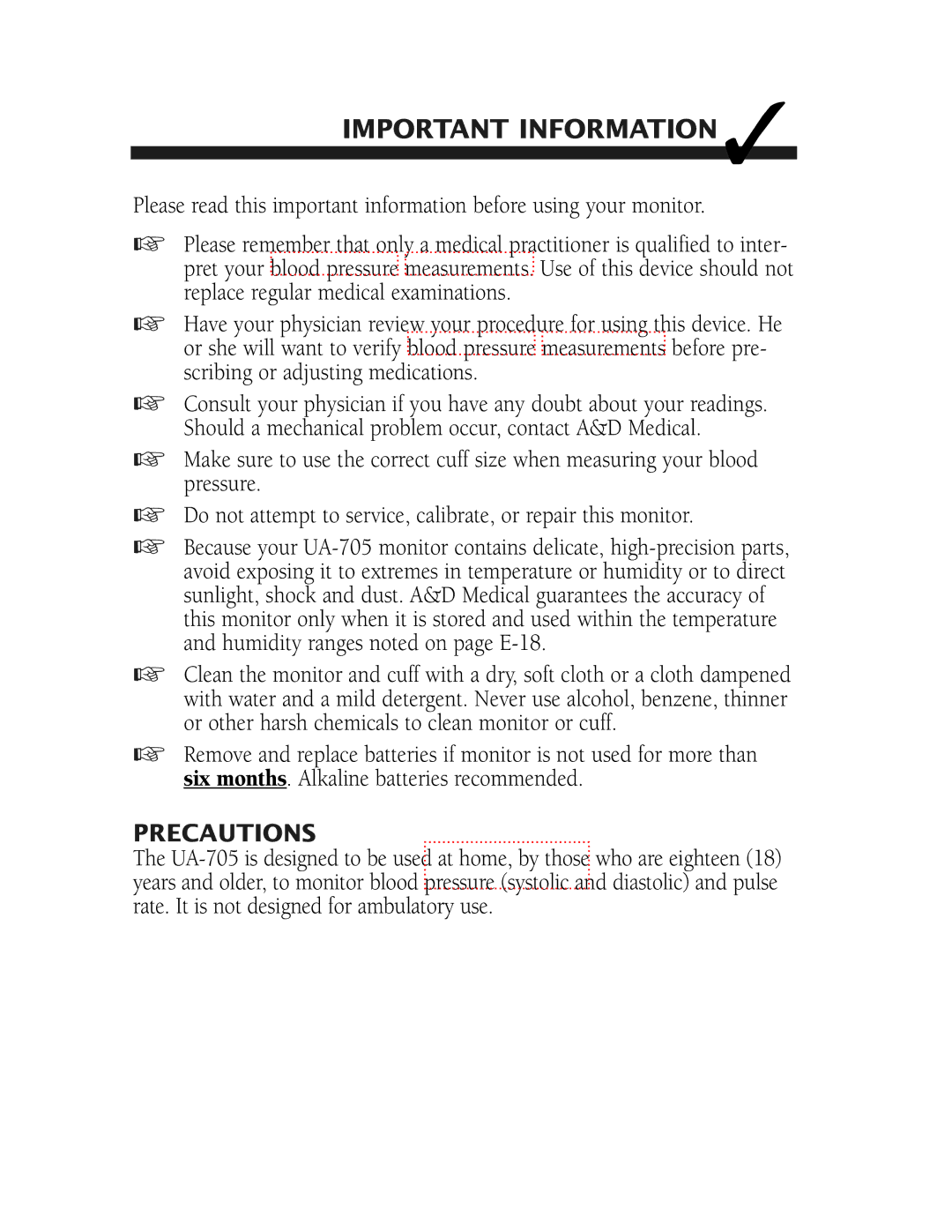 A&D ua-705 manual Important Information, Precautions 