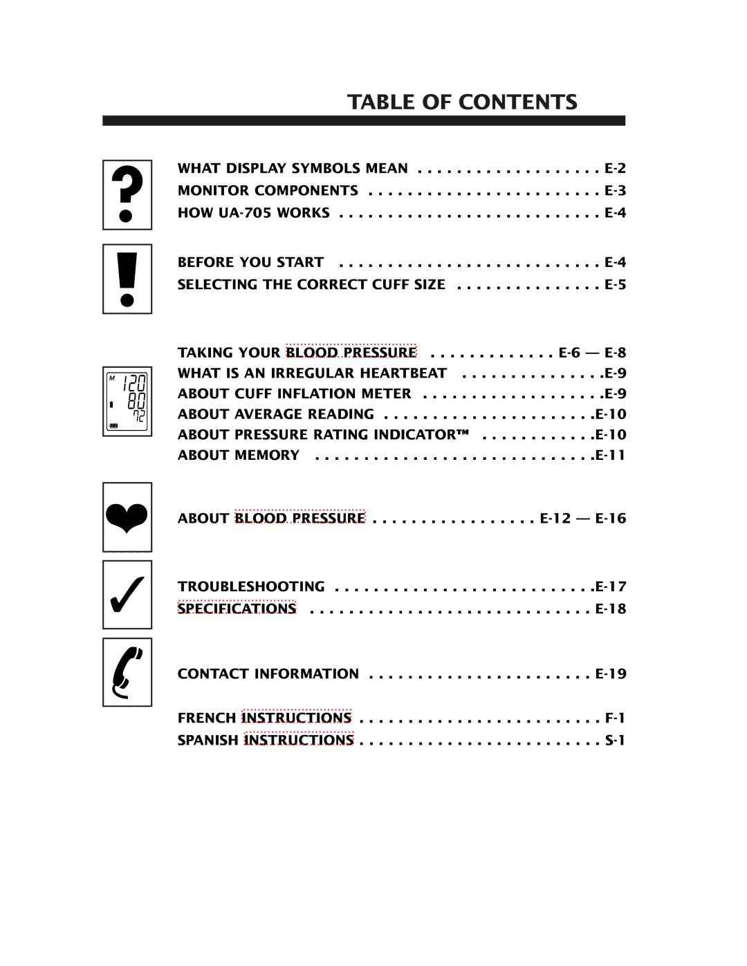 A&D ua-705 manual Table of Contents 