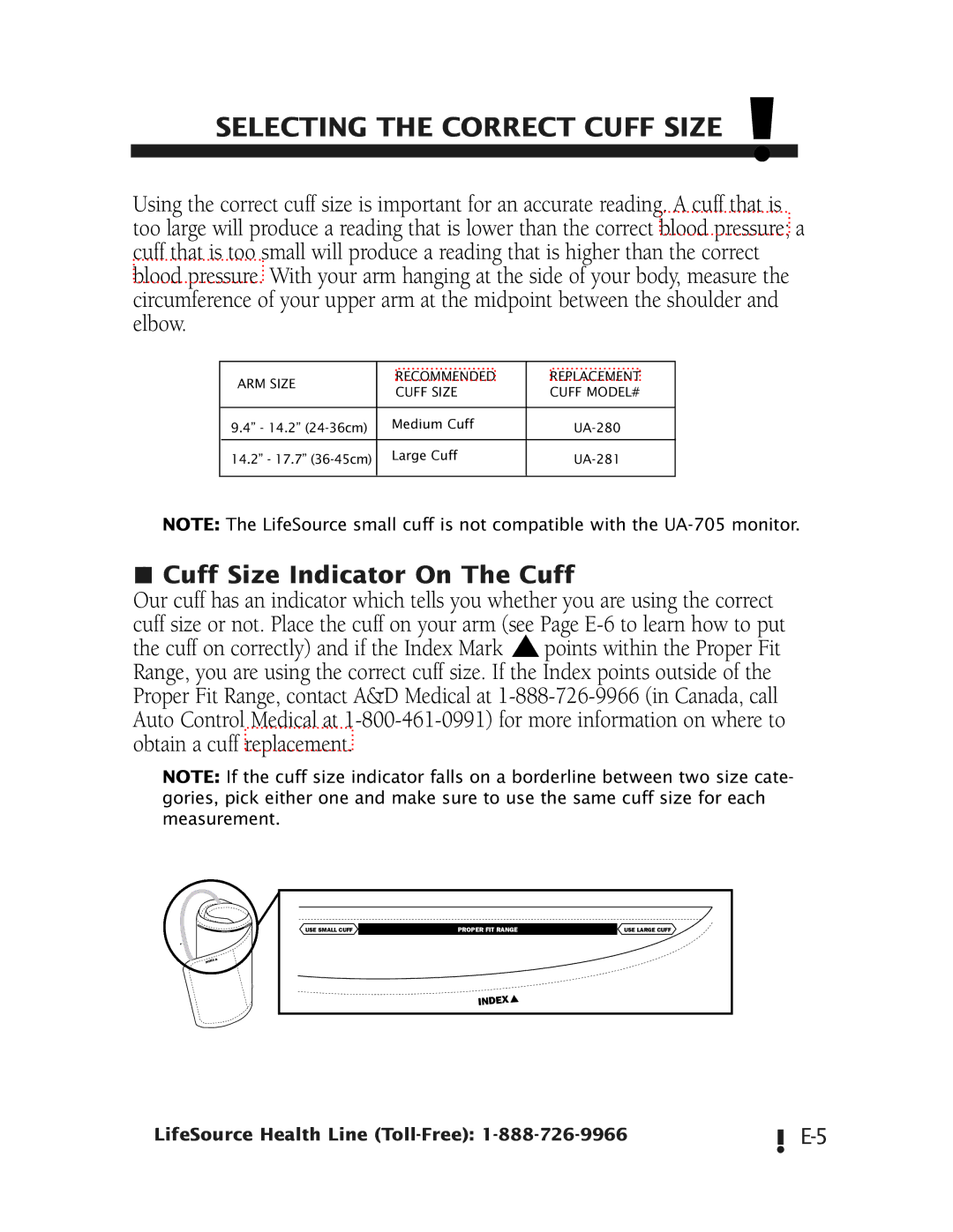 A&D ua-705 manual Selecting the Correct Cuff Size, Cuff Size Indicator On The Cuff 