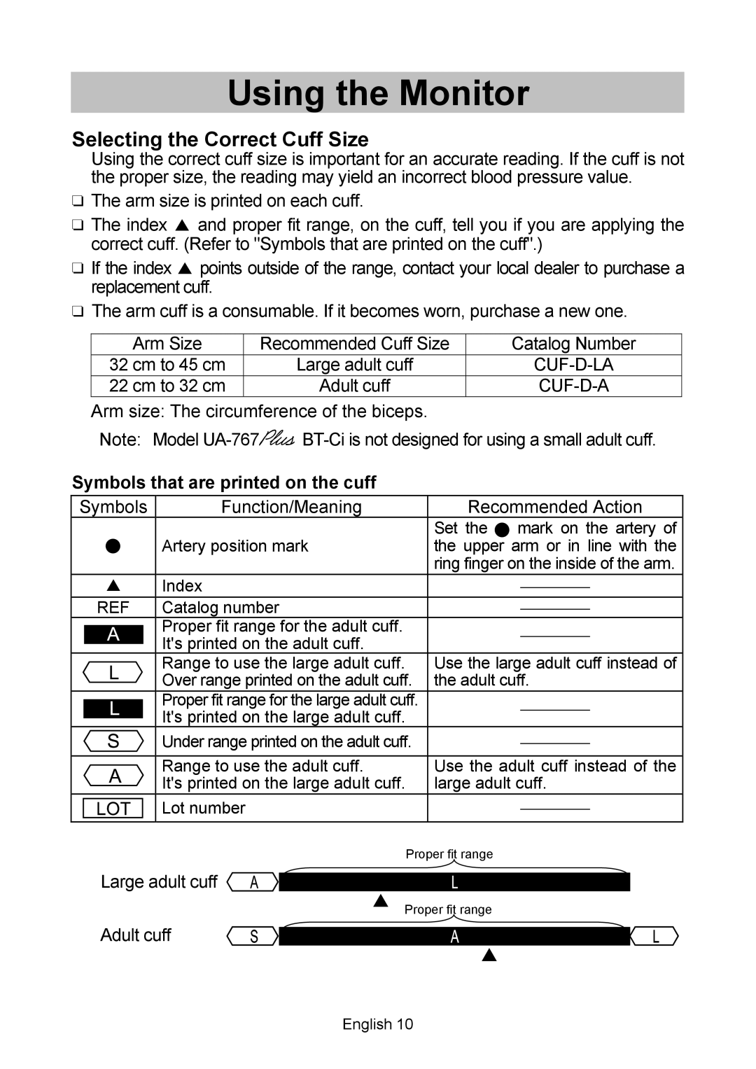 A&D UA-767, BT-Ci instruction manual Selecting the Correct Cuff Size, Symbols that are printed on the cuff 