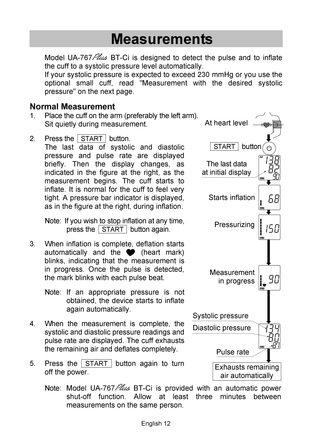 A&D UA-767, BT-Ci instruction manual Measurements, Normal Measurement 