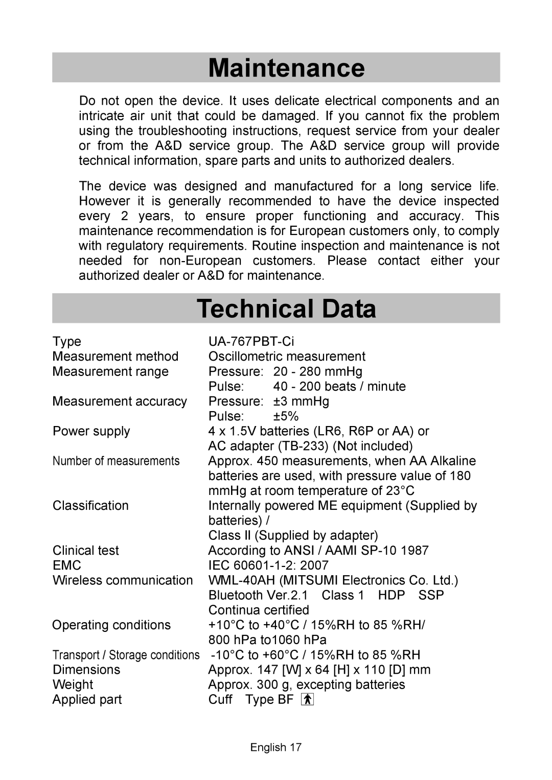 A&D BT-Ci, UA-767 instruction manual Maintenance, Technical Data 