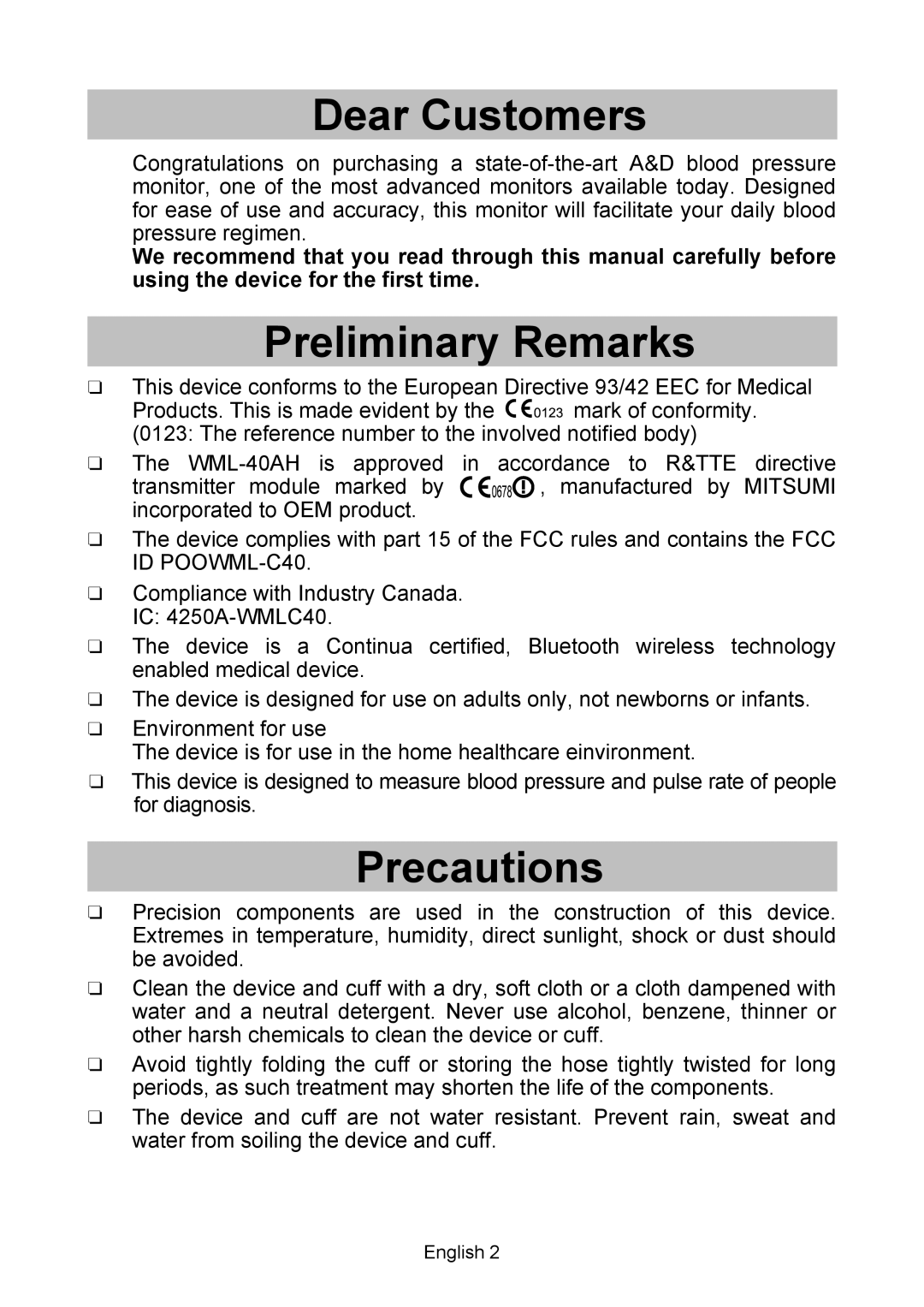 A&D UA-767, BT-Ci instruction manual Dear Customers, Preliminary Remarks, Precautions 