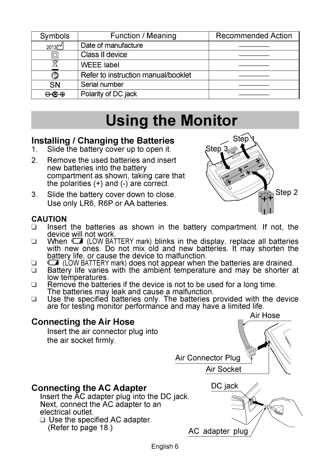 A&D UA-767 Using the Monitor, Installing / Changing the Batteries, Connecting the Air Hose, Connecting the AC Adapter 