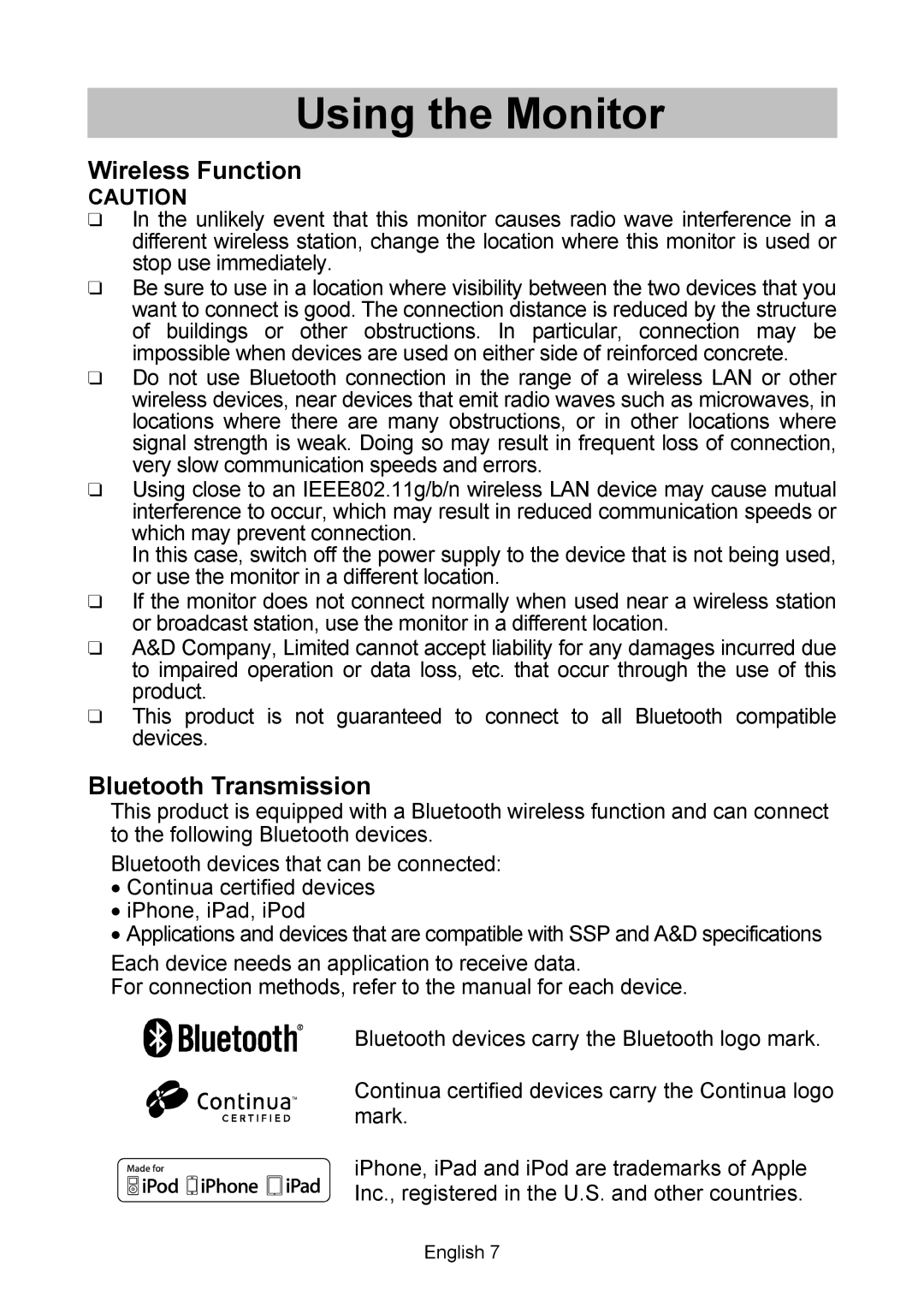 A&D BT-Ci, UA-767 instruction manual Wireless Function, Bluetooth Transmission 