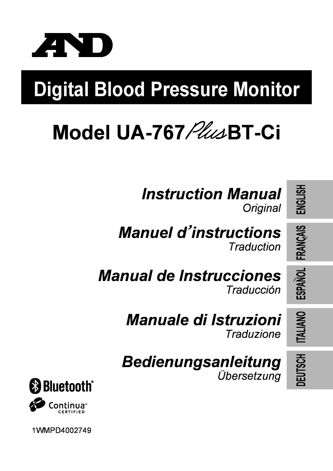 A&D instruction manual Model UA-767BT-Ci, Digital Blood Pressure Monitor, Instruction Manual, Manuel d’instructions 