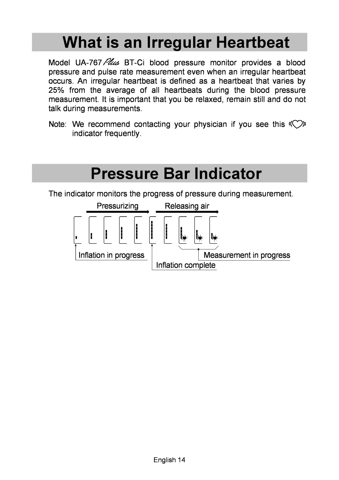 A&D UA-767, BT-Ci instruction manual What is an Irregular Heartbeat, Pressure Bar Indicator, Releasing air 