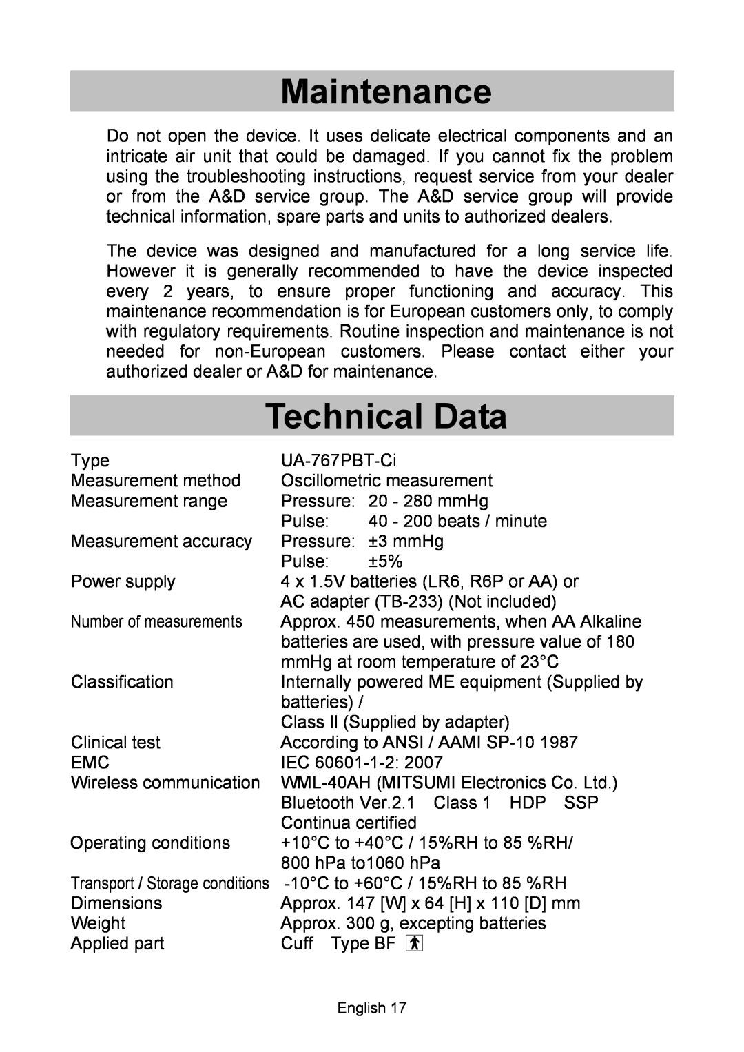 A&D BT-Ci, UA-767 instruction manual Maintenance, Technical Data, Approx. 450 measurements, when AA Alkaline 