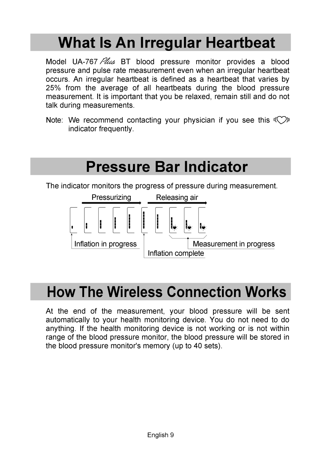 A&D UA-767 Plus BT What Is An Irregular Heartbeat, Pressure Bar Indicator, How The Wireless Connection Works 