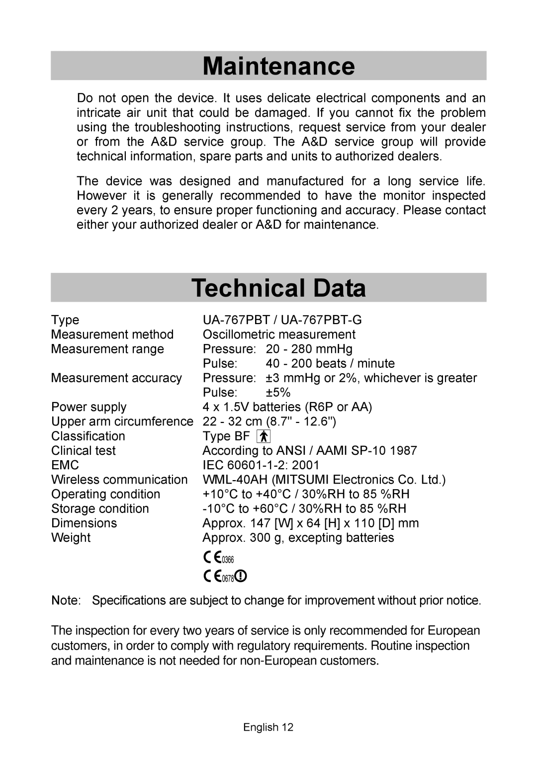 A&D UA-767 Plus BT instruction manual Maintenance, Technical Data, Emc 