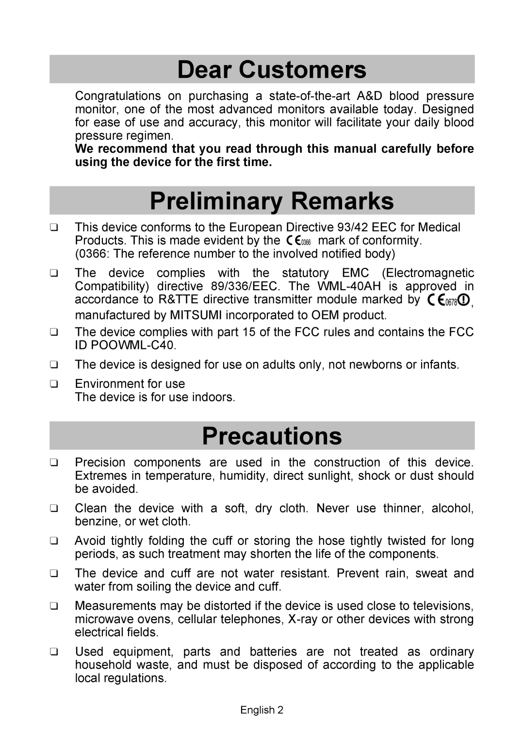 A&D UA-767 Plus BT instruction manual Dear Customers, Preliminary Remarks, Precautions 