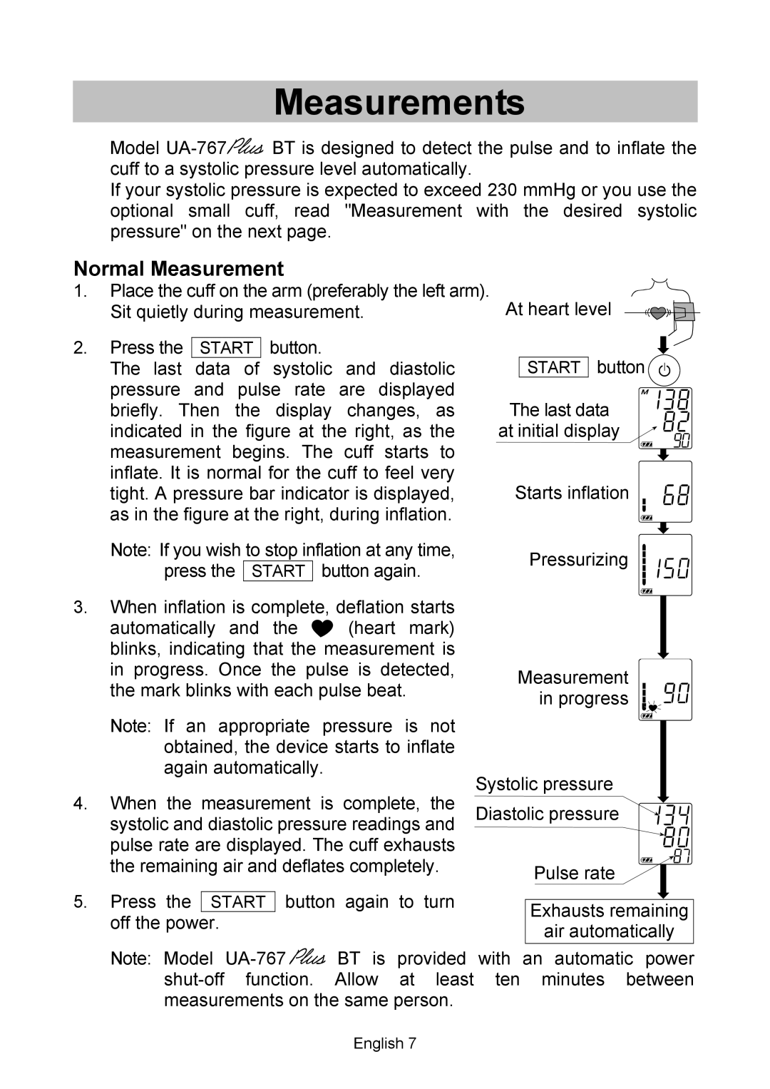 A&D UA-767 Plus BT instruction manual Measurements, Normal Measurement 