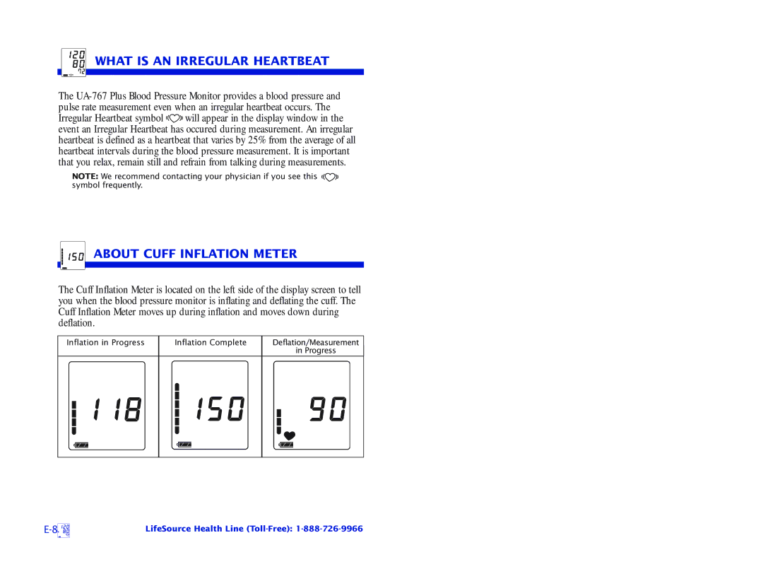 A&D UA-767 Plus manual What is AN Irregular Heartbeat, About Cuff Inflation Meter 