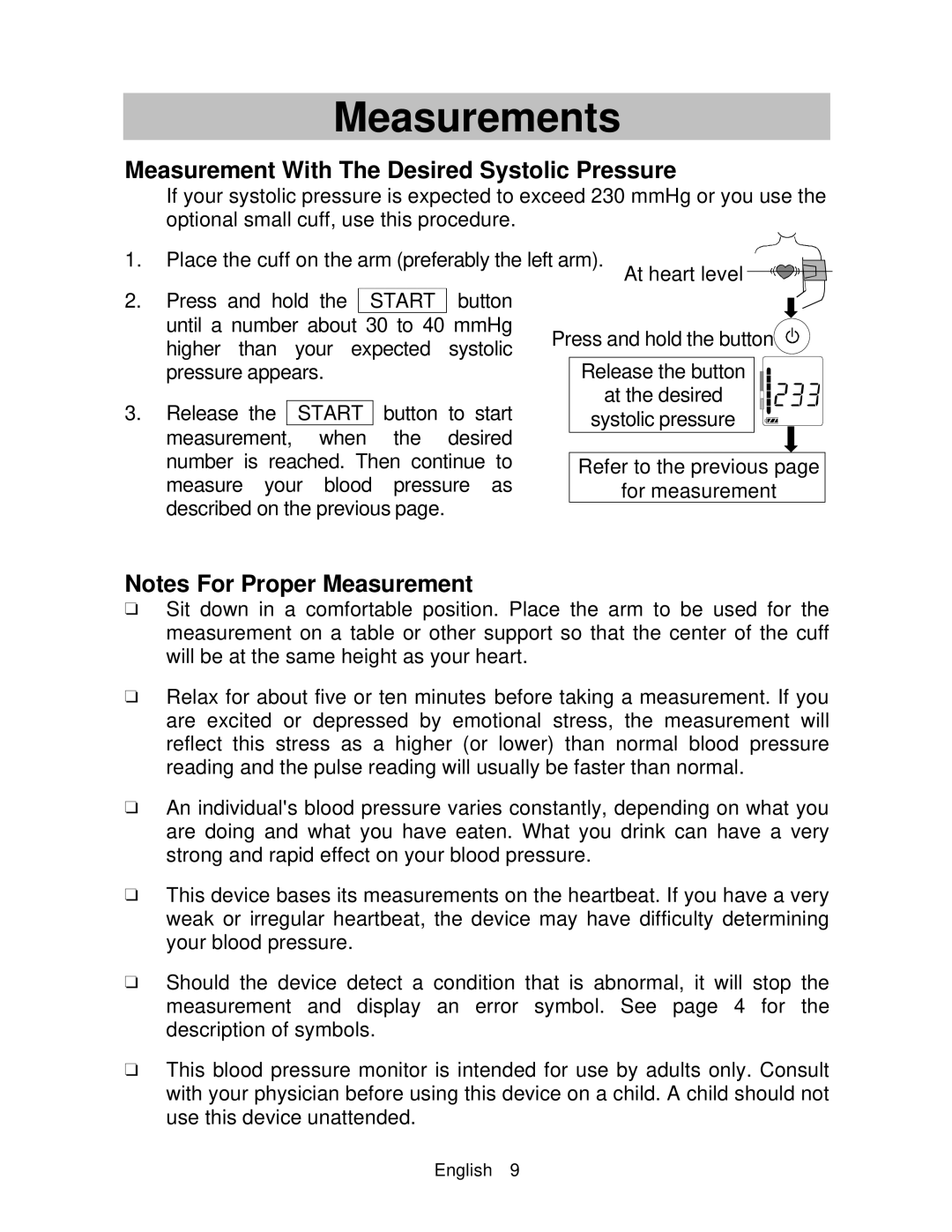 A&D UA-767 instruction manual Measurement With The Desired Systolic Pressure, Start 