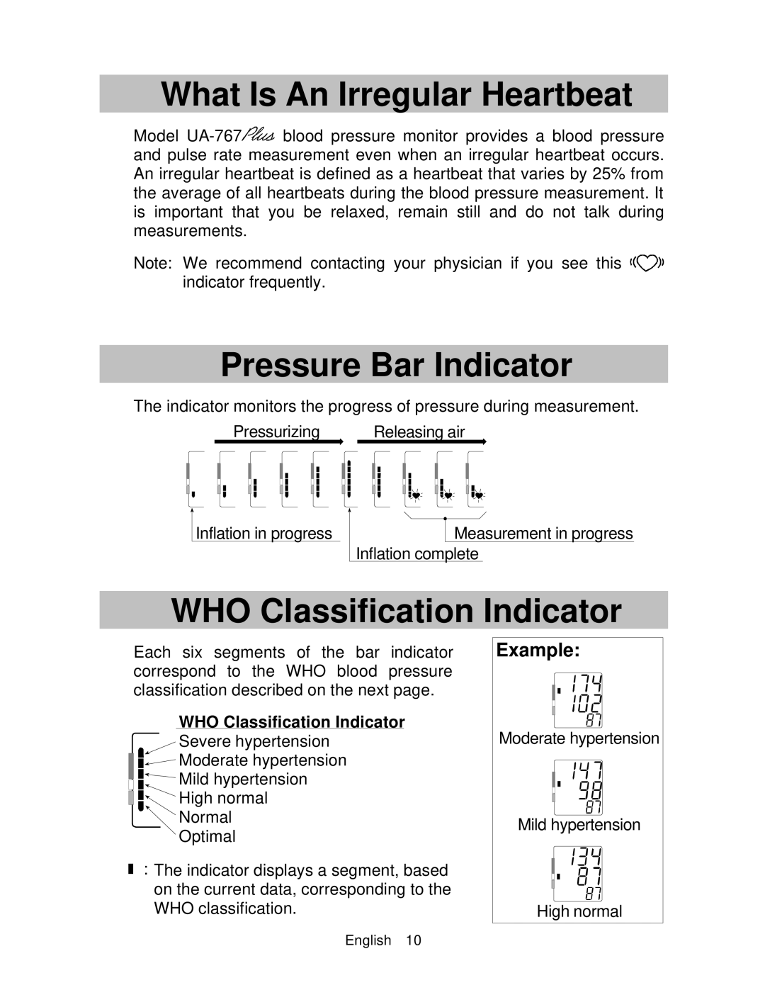 A&D UA-767 instruction manual What Is An Irregular Heartbeat, Pressure Bar Indicator, WHO Classification Indicator, Example 