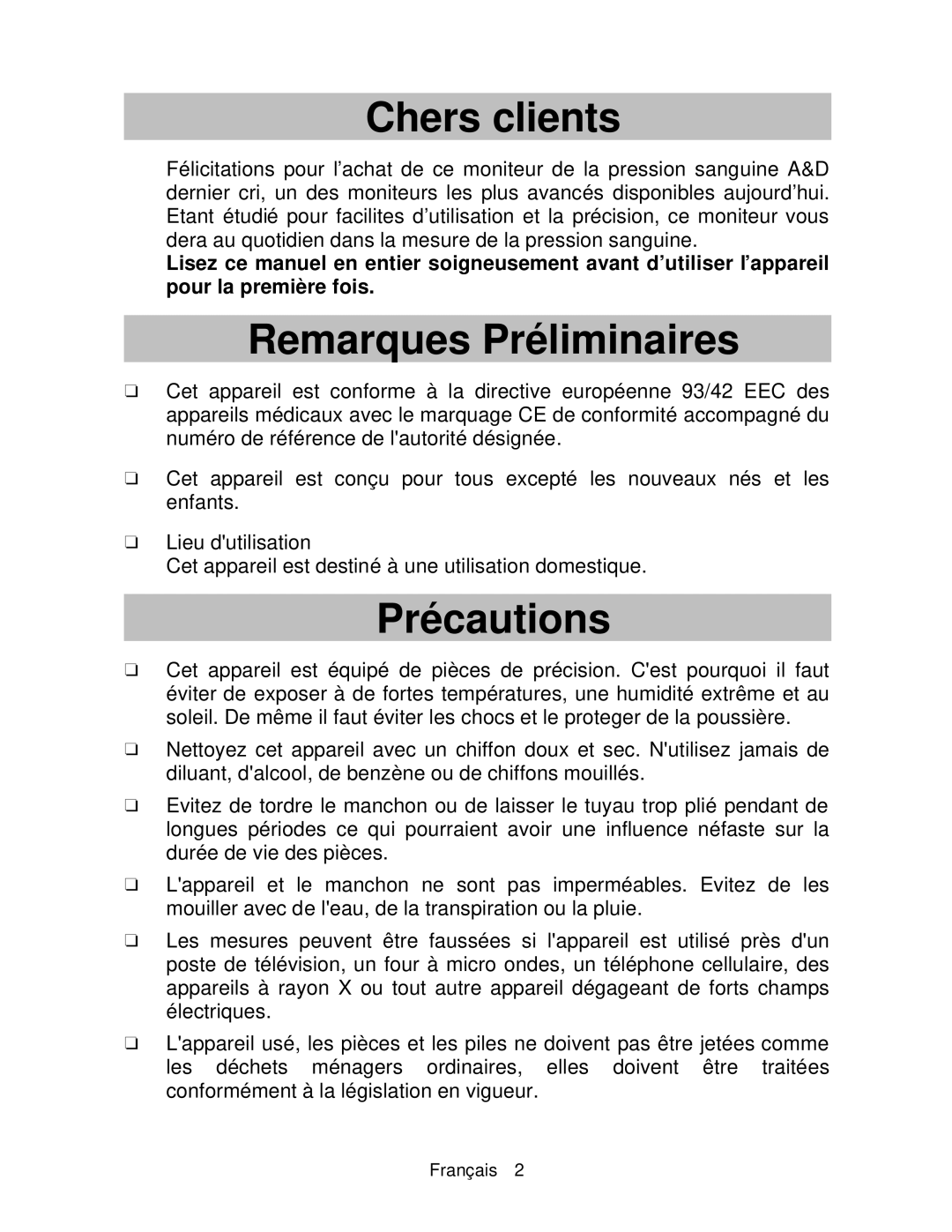 A&D UA-767 instruction manual Chers clients, Remarques Préliminaires, Précautions 