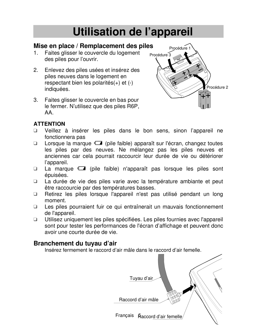 A&D UA-767 instruction manual Utilisation de l’appareil, Mise en place / Remplacement des piles, Branchement du tuyau d’air 